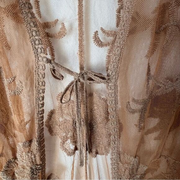 Tan Lace Kimono Longline Duster Boho Cottagecore Feminine Romantic Fairy Mesh - Picture 7 of 10